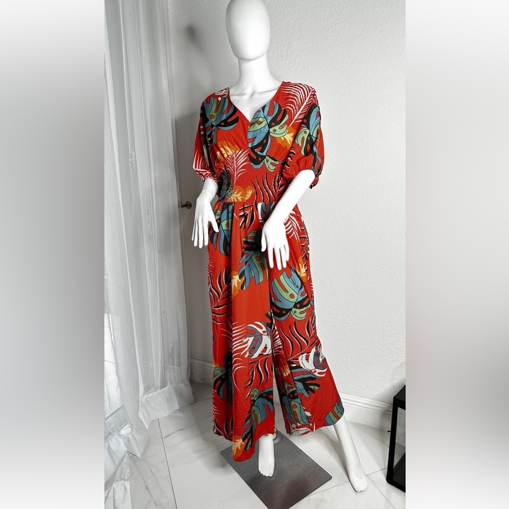 V NECK Floral Jumpsuit High Waist Wide Leg Pant For Woman Leisure Fashion Sz/M